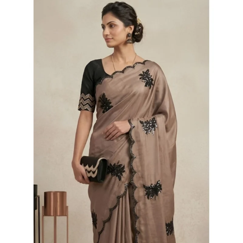 Women's Viscose Silk Embroidered Saree With Unstitched Blouse 5.5Mtr (Beige) - Image 5