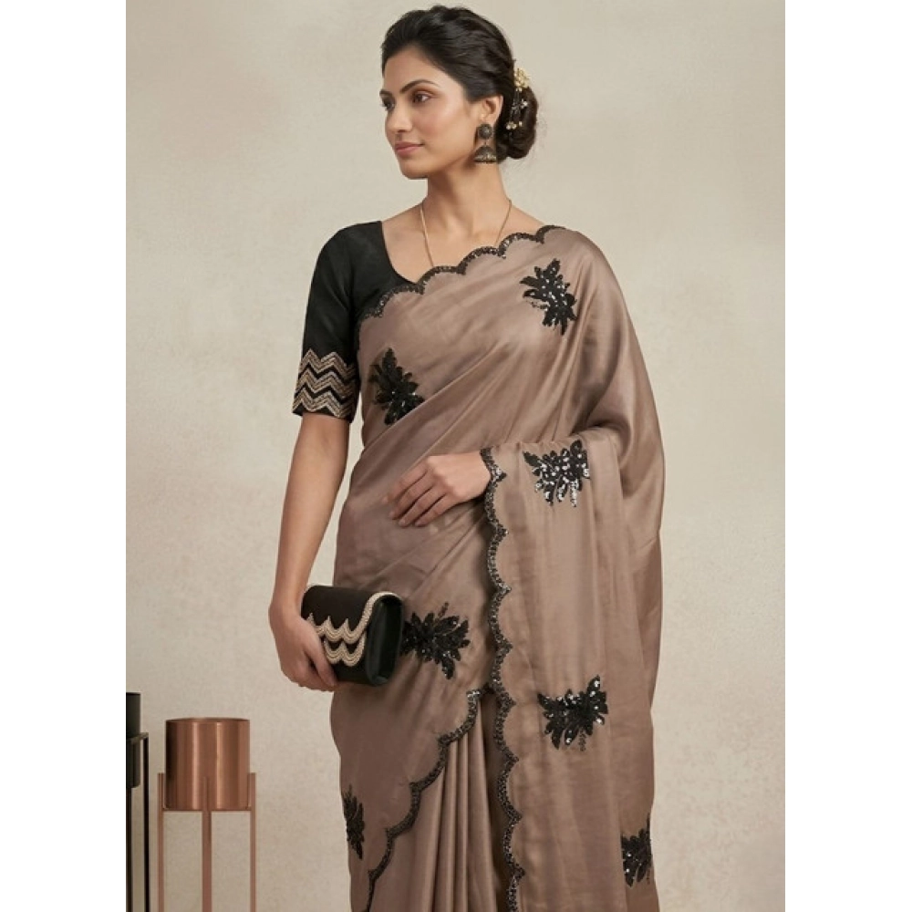 Women's Viscose Silk Embroidered Saree With Unstitched Blouse 5.5Mtr (Beige) - Image 5