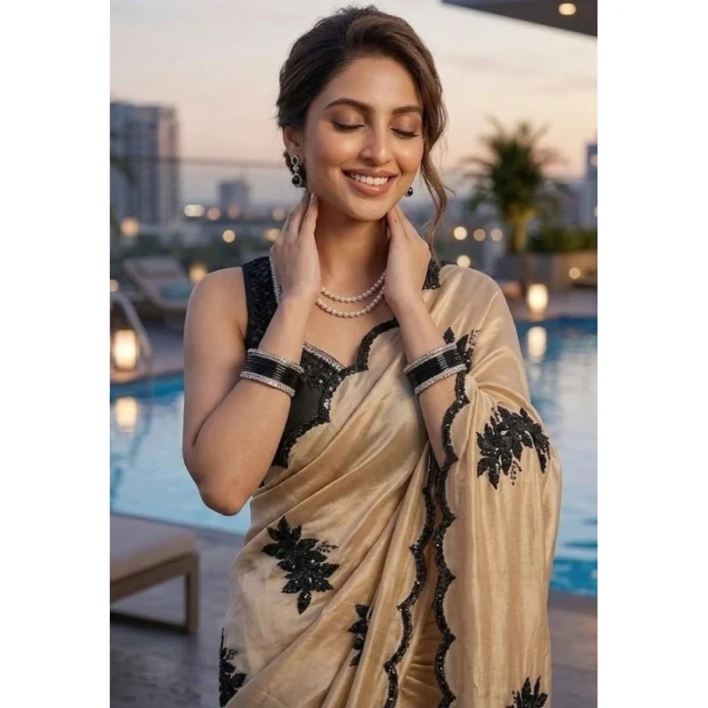 Women's Viscose Silk Embroidered Saree With Unstitched Blouse 5.5Mtr (Beige)