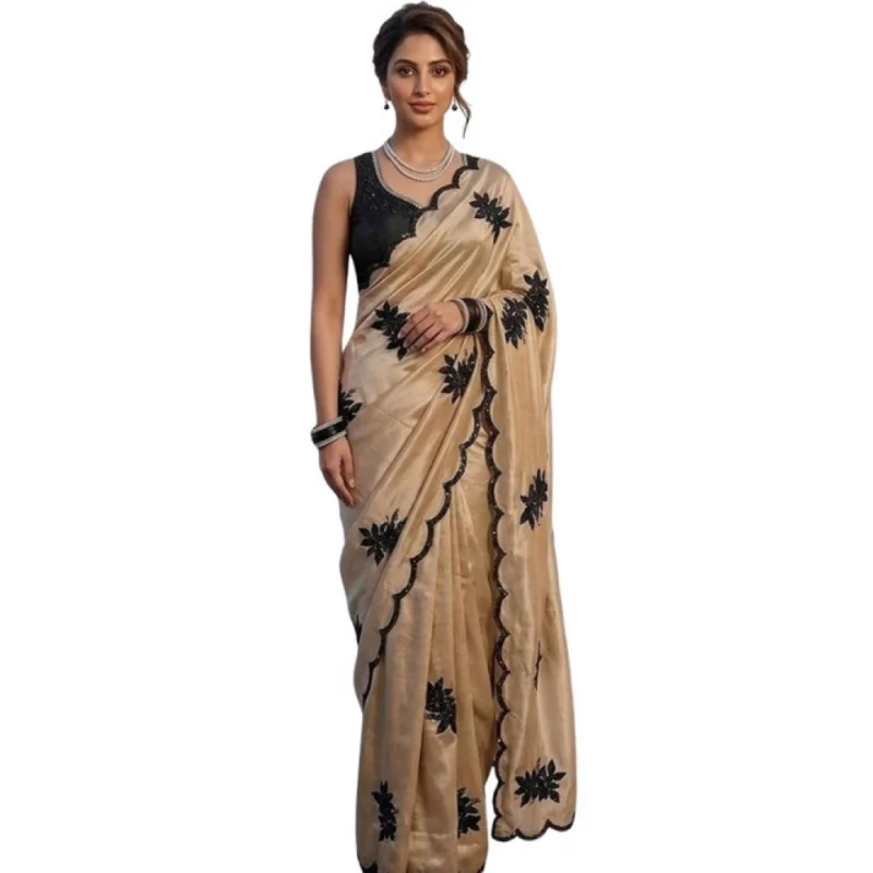 Women's Viscose Silk Embroidered Saree With Unstitched Blouse 5.5Mtr (Beige) - Image 2