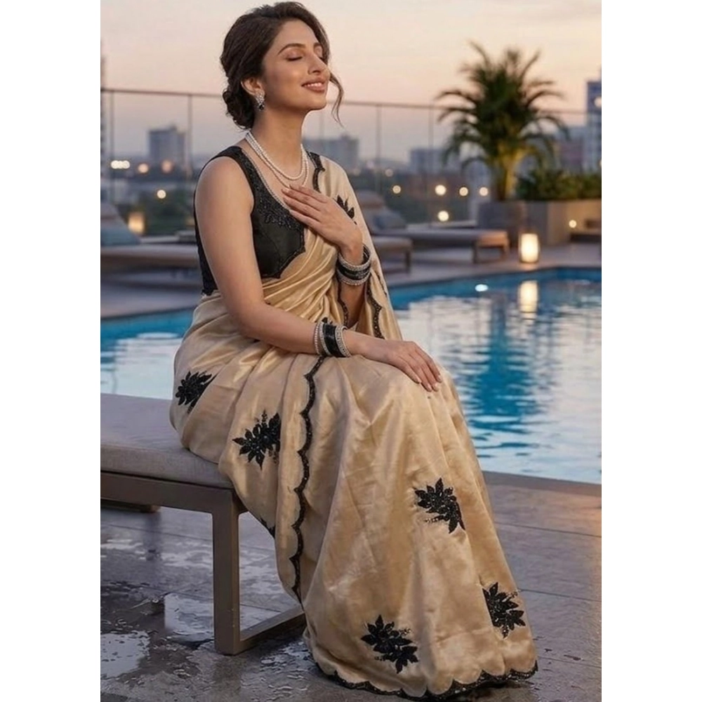 Women's Viscose Silk Embroidered Saree With Unstitched Blouse 5.5Mtr (Beige) - Image 4