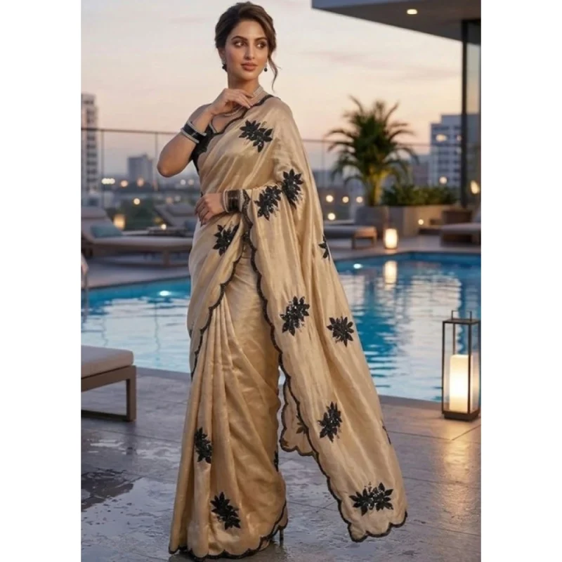 Women's Viscose Silk Embroidered Saree With Unstitched Blouse 5.5Mtr (Beige) - Image 5