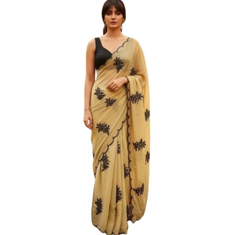 Women's Viscose Silk Embroidered Saree With Unstitched Blouse 5.5Mtr (Beige) - Image 2