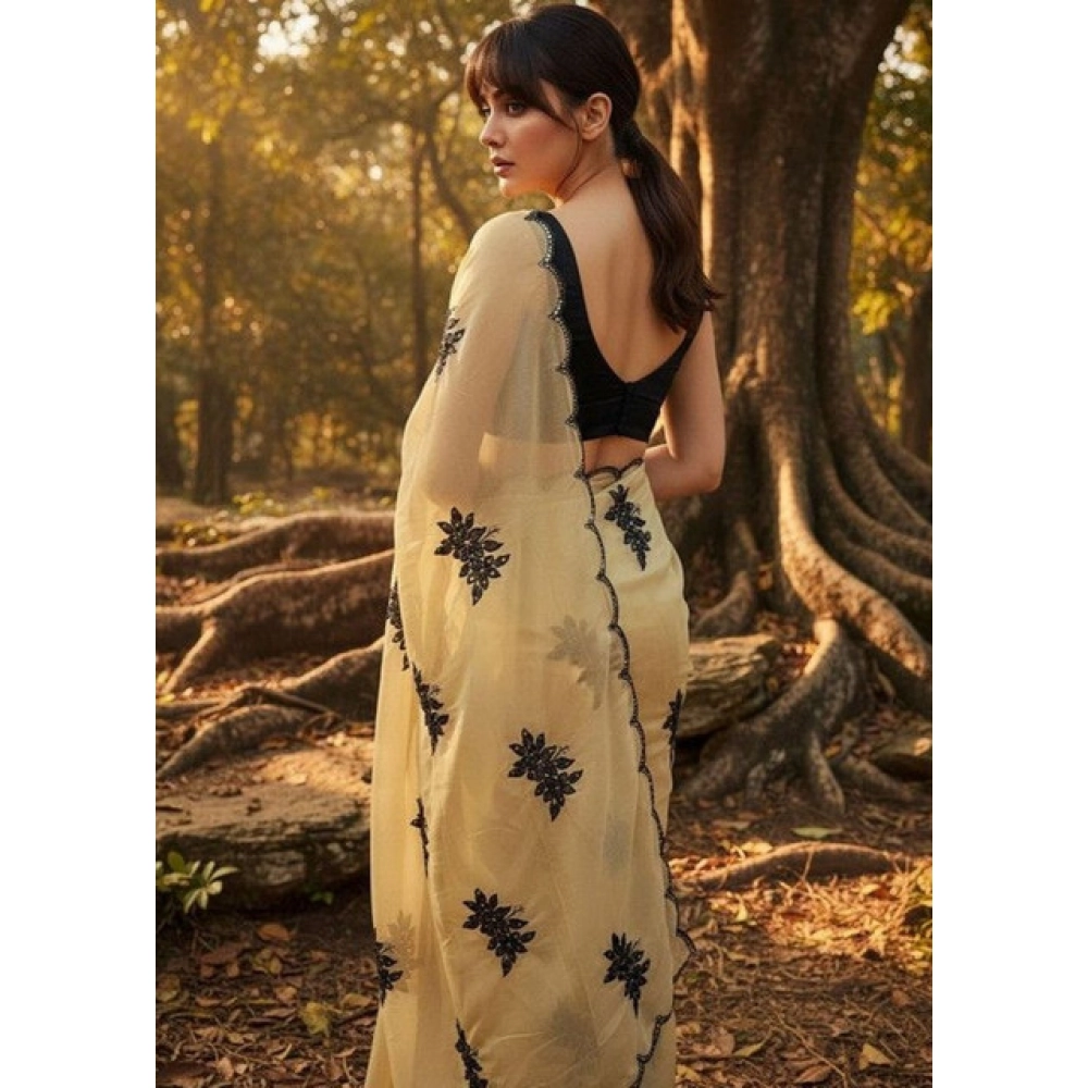 Women's Viscose Silk Embroidered Saree With Unstitched Blouse 5.5Mtr (Beige) - Image 3