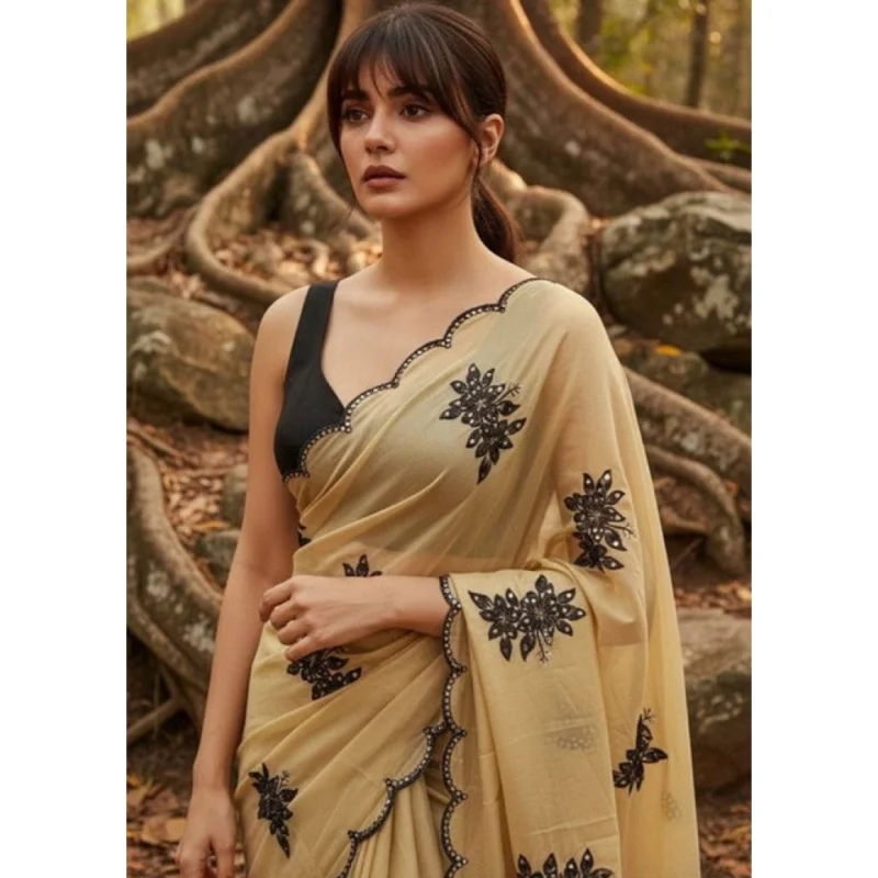 Women's Viscose Silk Embroidered Saree With Unstitched Blouse 5.5Mtr (Beige) - Image 4