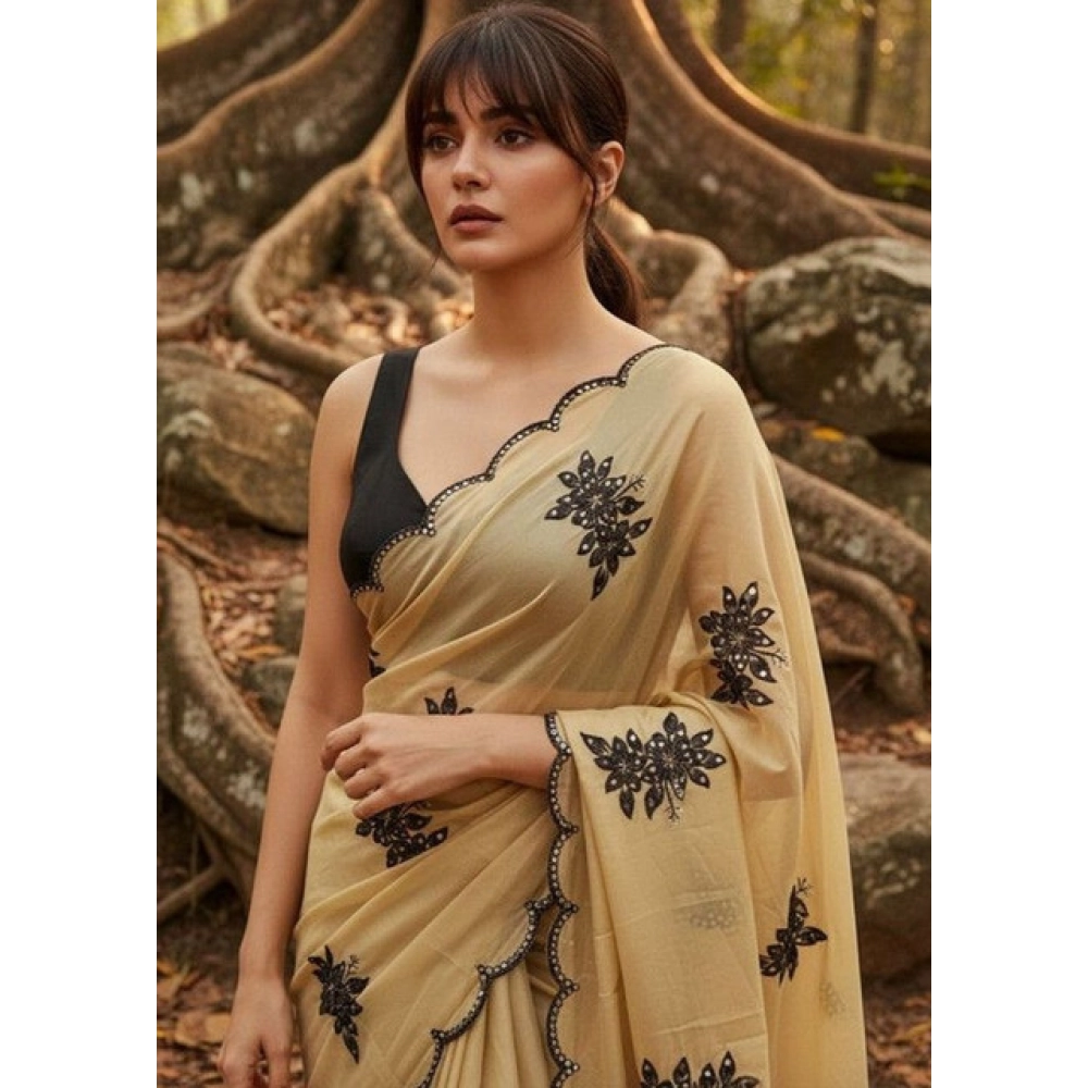 Women's Viscose Silk Embroidered Saree With Unstitched Blouse 5.5Mtr (Beige) - Image 4