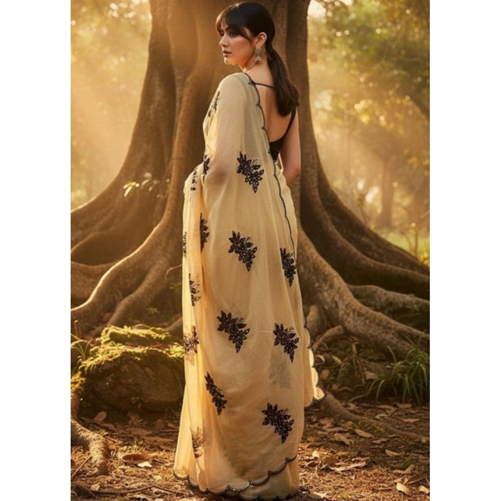 Women's Viscose Silk Embroidered Saree With Unstitched Blouse 5.5Mtr (Beige) - Image 5