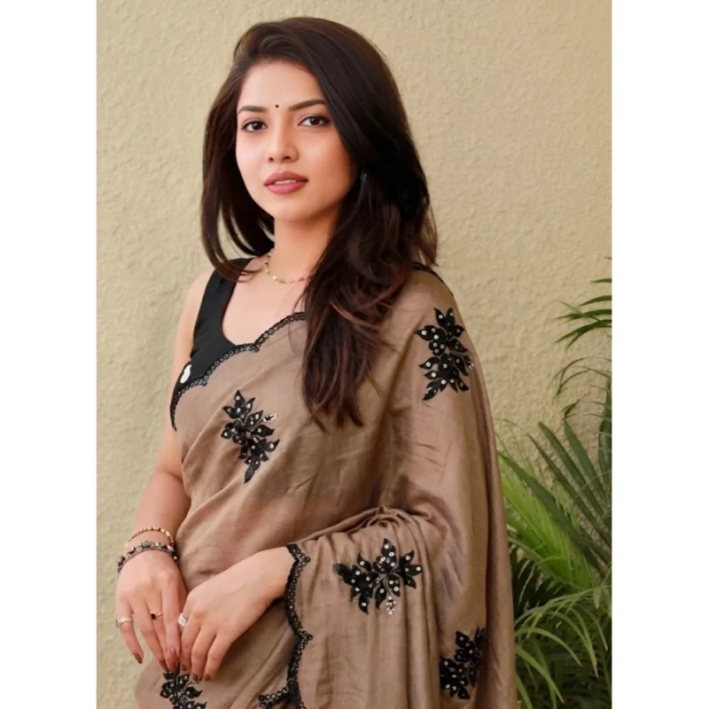 Women's Viscose Silk Embroidered Saree With Unstitched Blouse 5.5Mtr (Brown)