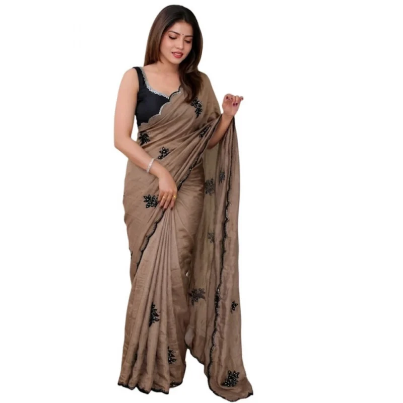 Women's Viscose Silk Embroidered Saree With Unstitched Blouse 5.5Mtr (Brown) - Image 2