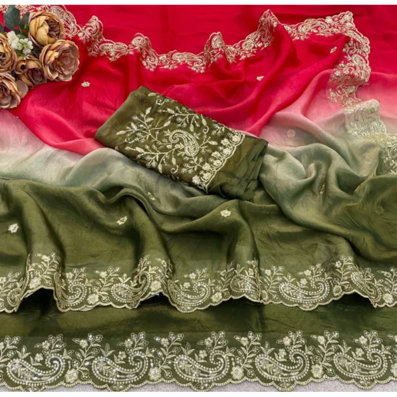 Women's Satin Embellished Saree With Unstitched Blouse 5.5Mtr (Multicolor) - Image 3