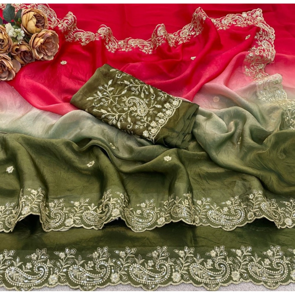 Women's Satin Embellished Saree With Unstitched Blouse 5.5Mtr (Multicolor) - Image 3