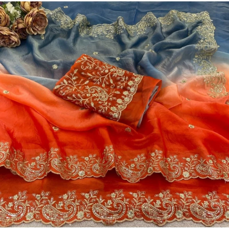 Women's Satin Embellished Saree With Unstitched Blouse 5.5Mtr (Multicolor) - Image 3
