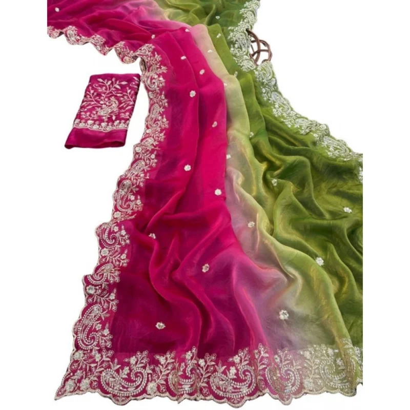 Women's Satin Embellished Saree With Unstitched Blouse 5.5Mtr (Multicolor) - Image 2