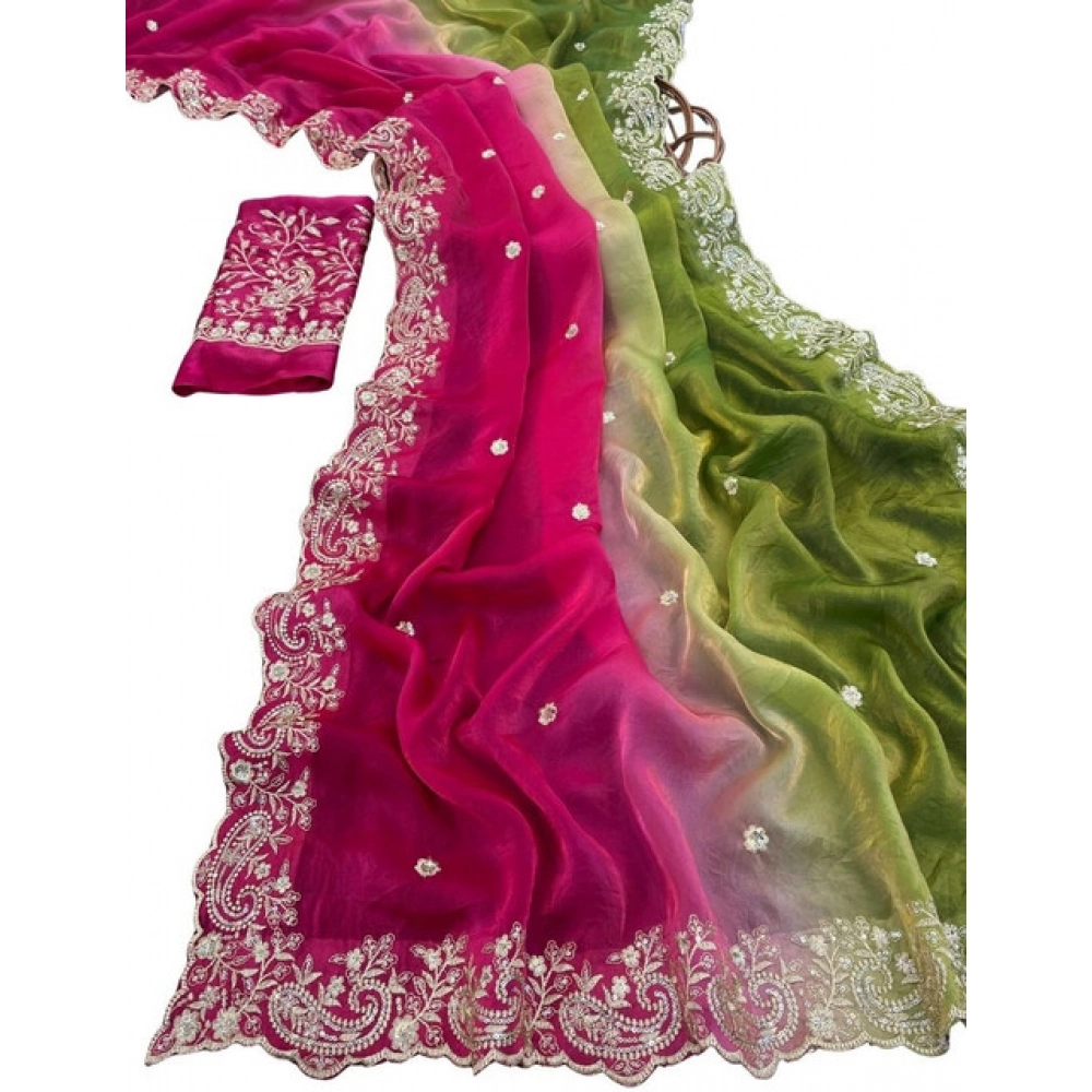 Women's Satin Embellished Saree With Unstitched Blouse 5.5Mtr (Multicolor) - Image 2