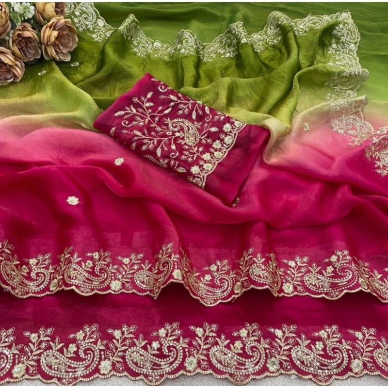 Women's Satin Embellished Saree With Unstitched Blouse 5.5Mtr (Multicolor) - Image 3
