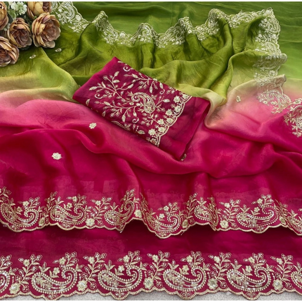 Women's Satin Embellished Saree With Unstitched Blouse 5.5Mtr (Multicolor) - Image 3