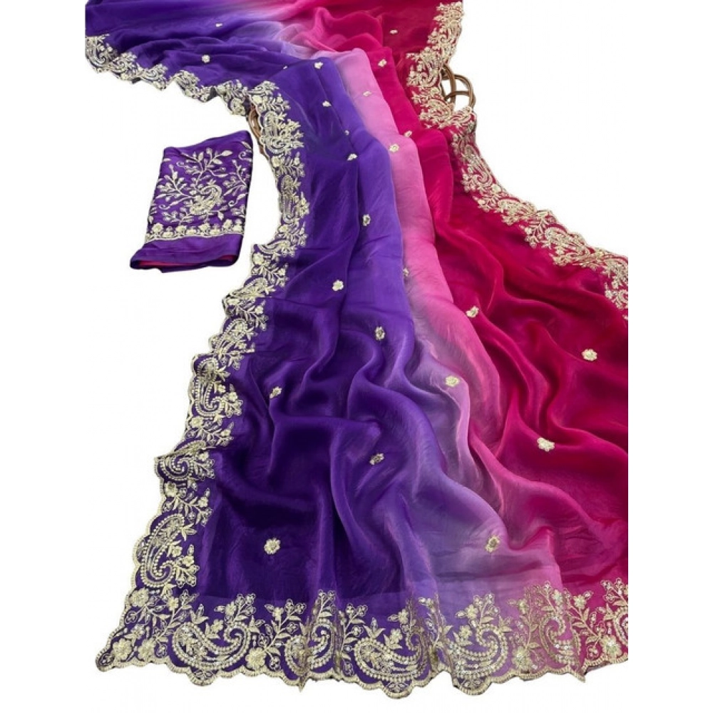 Women's Satin Embellished Saree With Unstitched Blouse 5.5Mtr (Multicolor) - Image 2