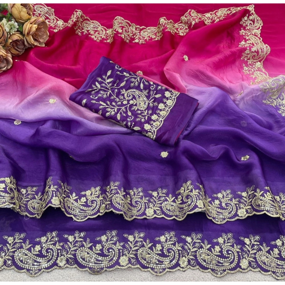 Women's Satin Embellished Saree With Unstitched Blouse 5.5Mtr (Multicolor) - Image 3