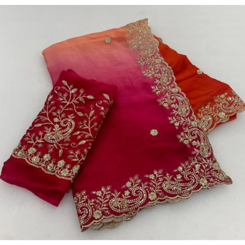 Women's Satin Embellished Saree With Unstitched Blouse 5.5Mtr (Multicolor)