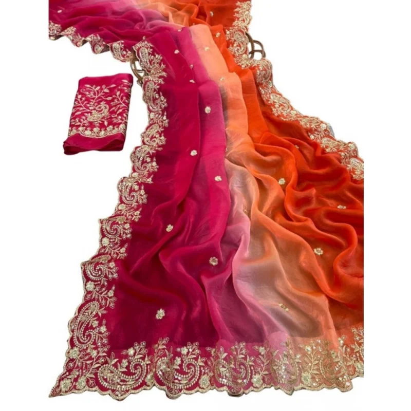 Women's Satin Embellished Saree With Unstitched Blouse 5.5Mtr (Multicolor) - Image 2