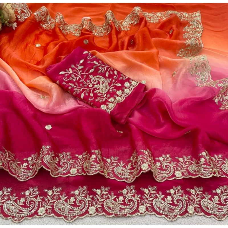 Women's Satin Embellished Saree With Unstitched Blouse 5.5Mtr (Multicolor) - Image 3