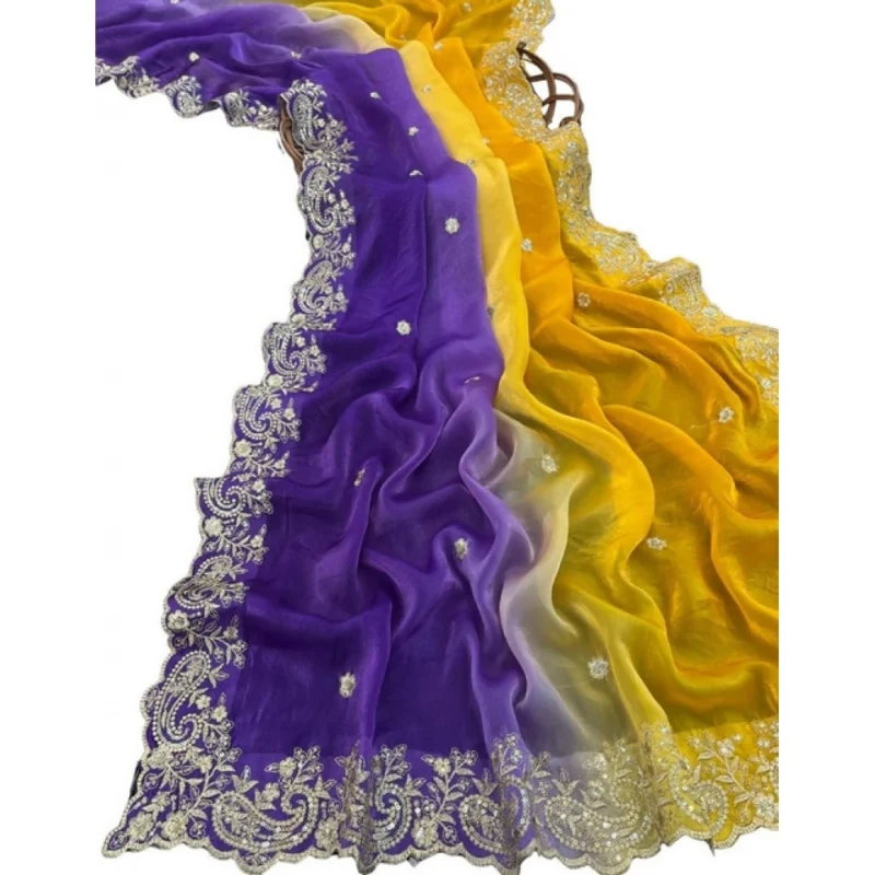 Women's Satin Embellished Saree With Unstitched Blouse 5.5Mtr (Multicolor) - Image 2