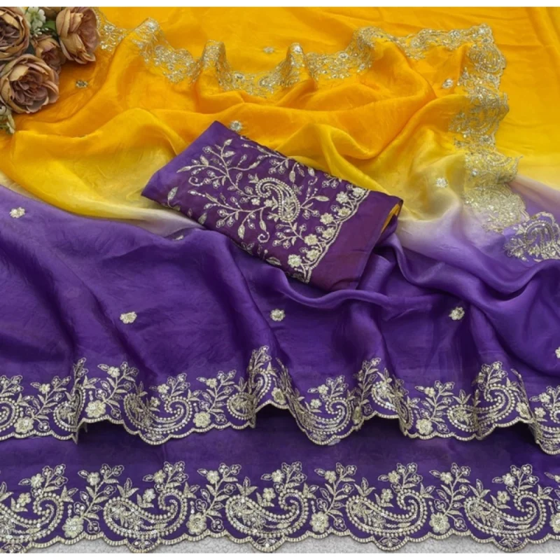 Women's Satin Embellished Saree With Unstitched Blouse 5.5Mtr (Multicolor) - Image 3