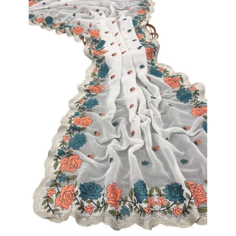 Women's Chiffon Embroidered Saree With Unstitched Blouse 5.5Mtr (White) - Image 2