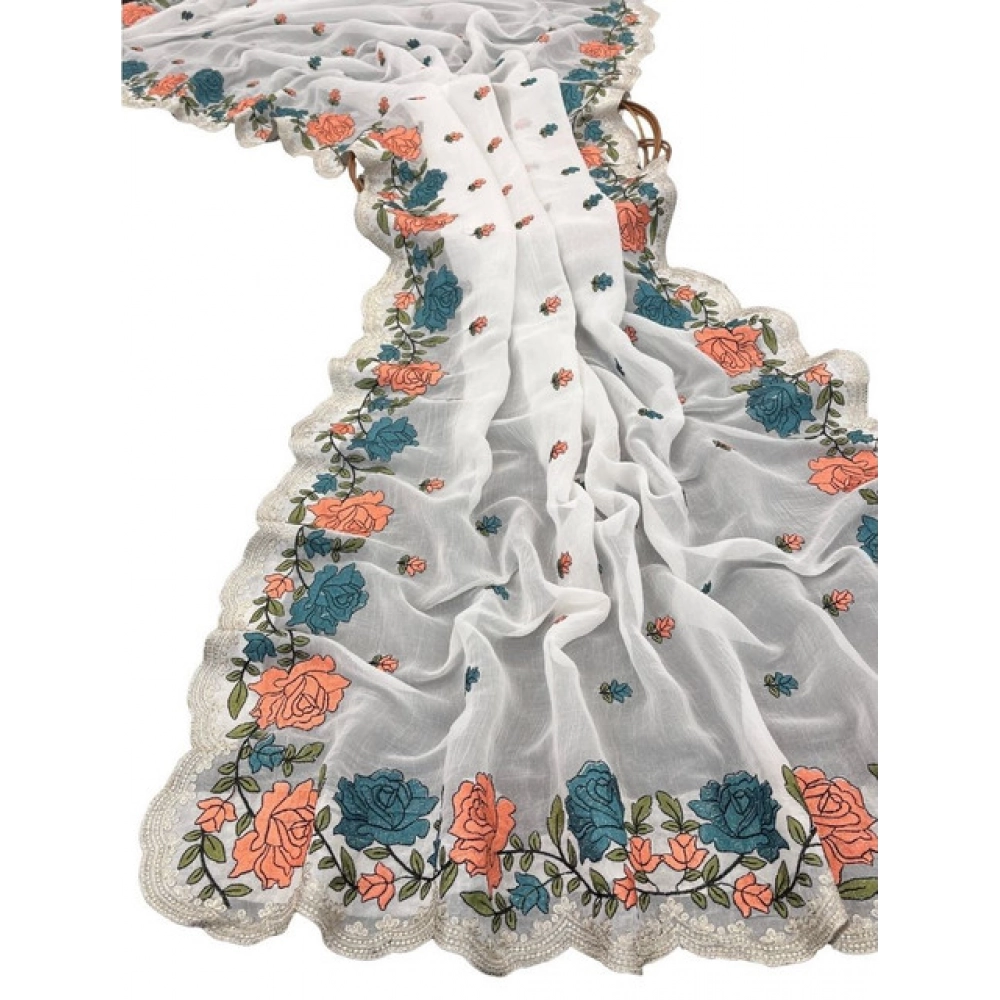 Women's Chiffon Embroidered Saree With Unstitched Blouse 5.5Mtr (White) - Image 2