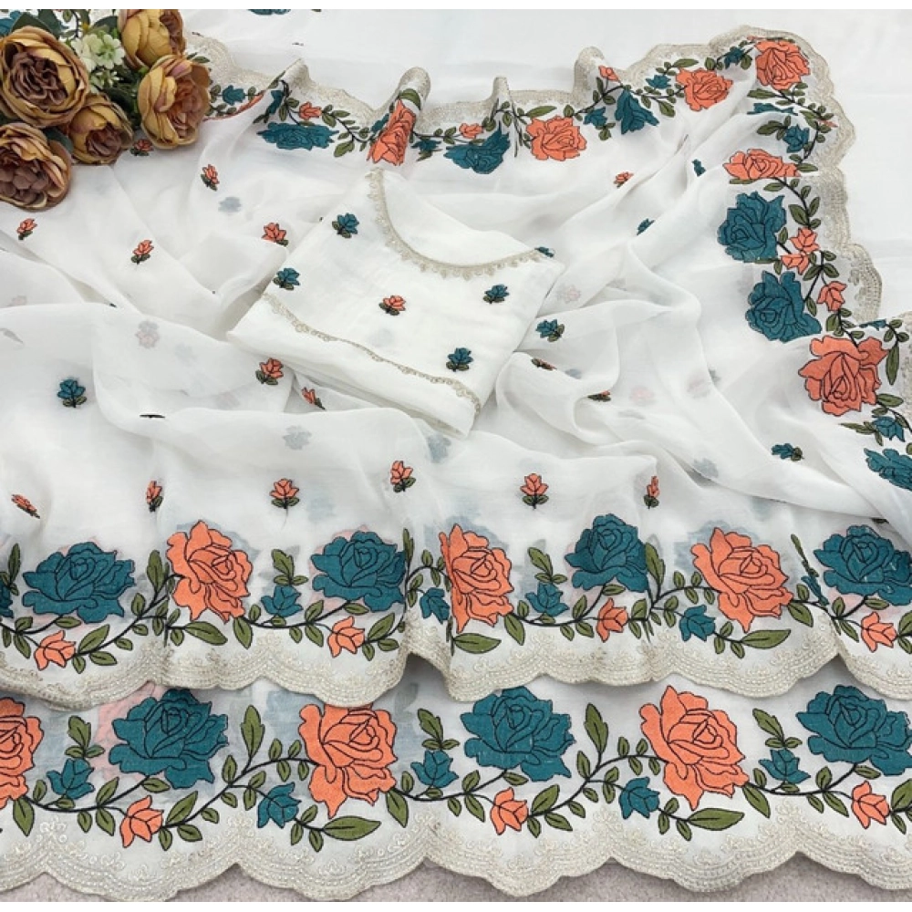 Women's Chiffon Embroidered Saree With Unstitched Blouse 5.5Mtr (White) - Image 3