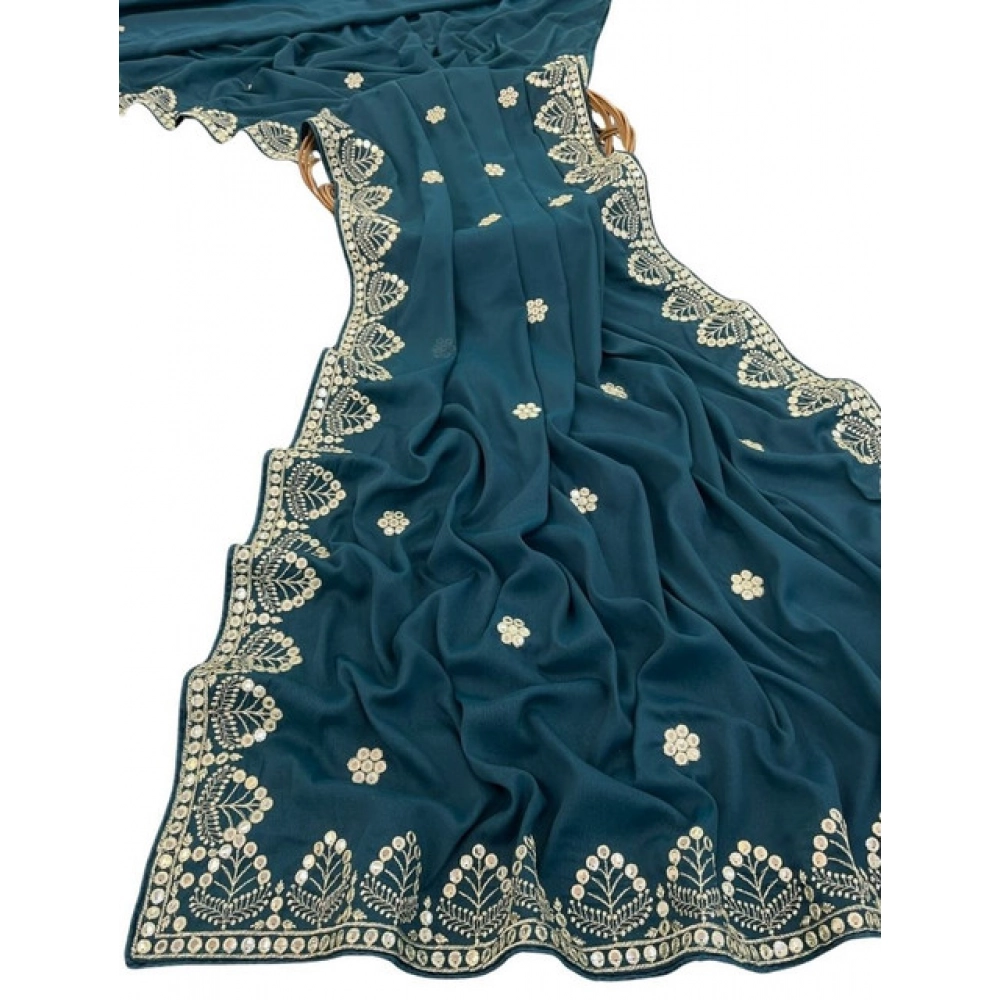 Women's Georgette Embellished Saree With Unstitched Blouse 5.5Mtr (Blue) - Image 2