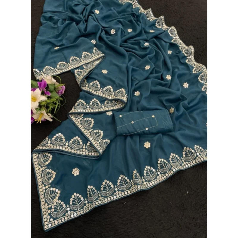 Women's Georgette Embellished Saree With Unstitched Blouse 5.5Mtr (Blue) - Image 3