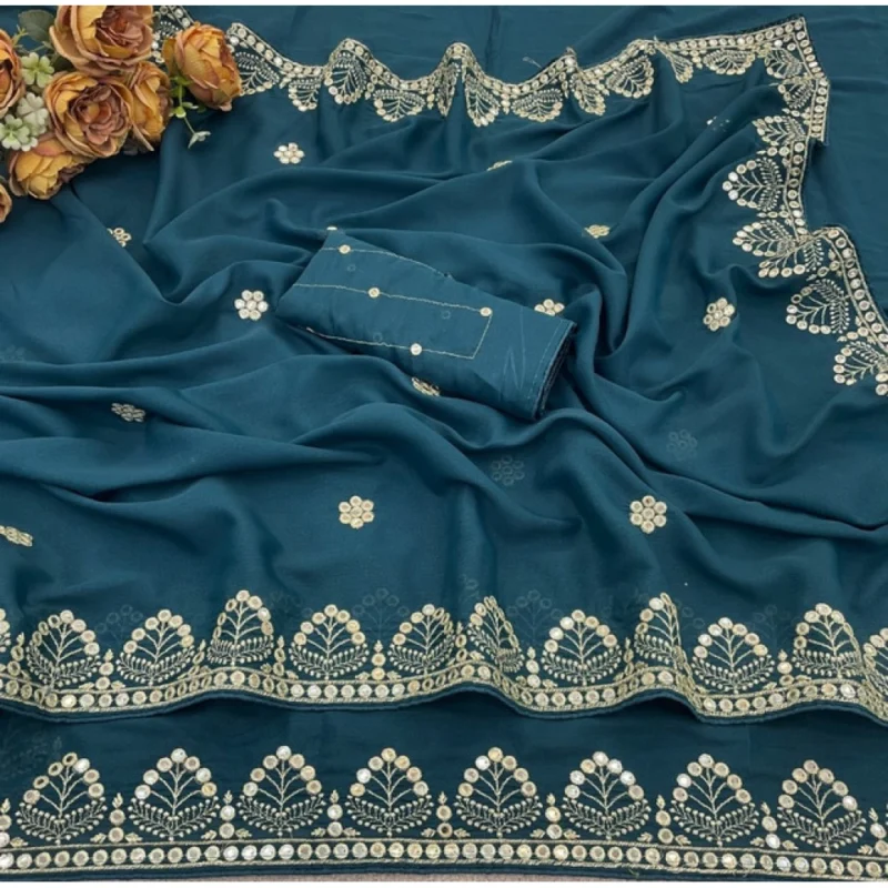 Women's Georgette Embellished Saree With Unstitched Blouse 5.5Mtr (Blue) - Image 4