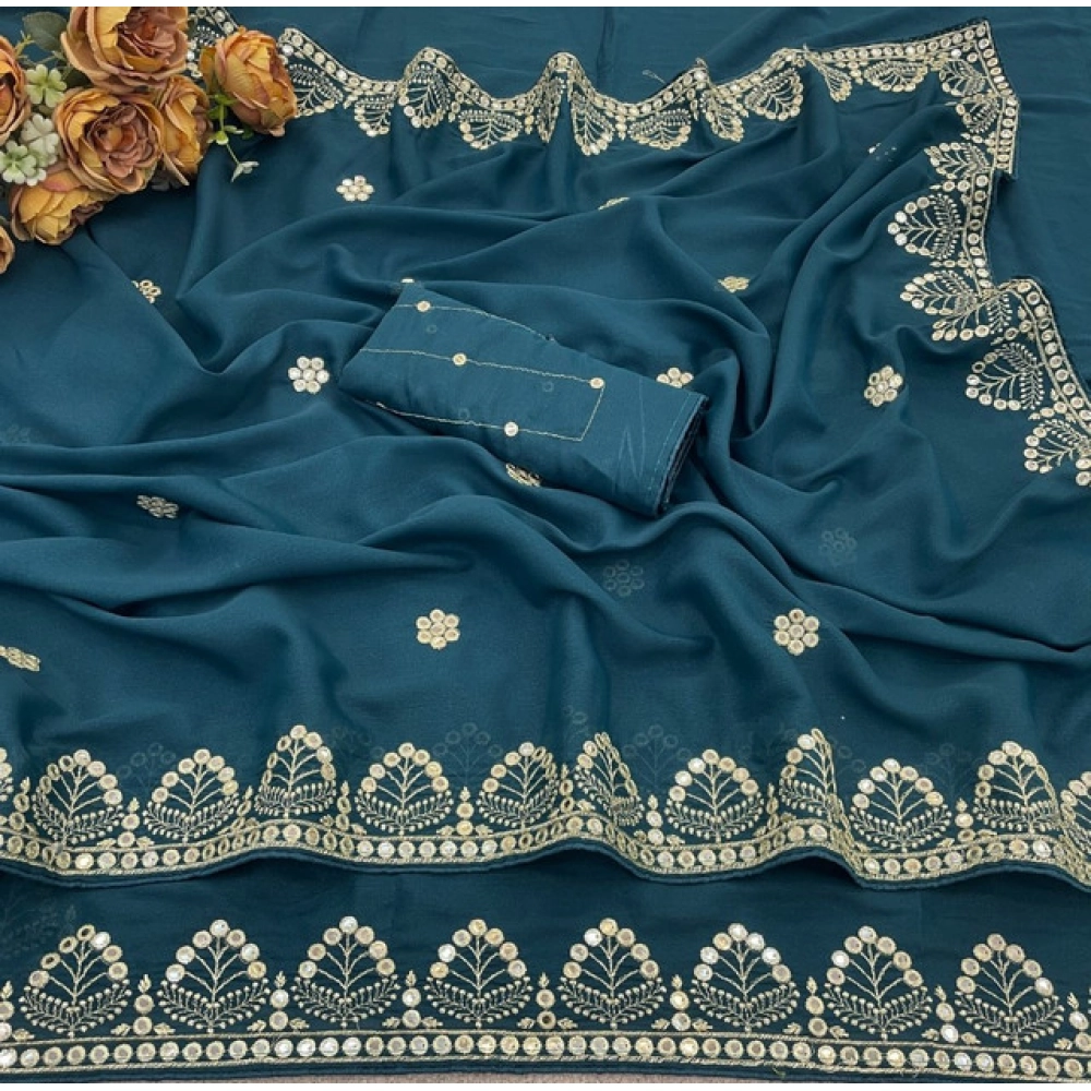 Women's Georgette Embellished Saree With Unstitched Blouse 5.5Mtr (Blue) - Image 4