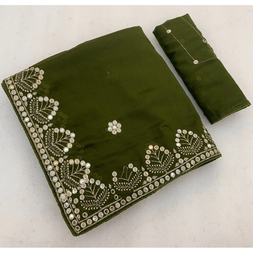 Women's Georgette Embellished Saree With Unstitched Blouse 5.5Mtr (Green)