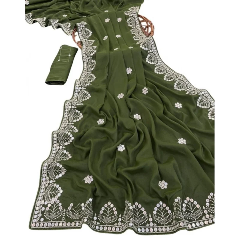 Women's Georgette Embellished Saree With Unstitched Blouse 5.5Mtr (Green) - Image 2