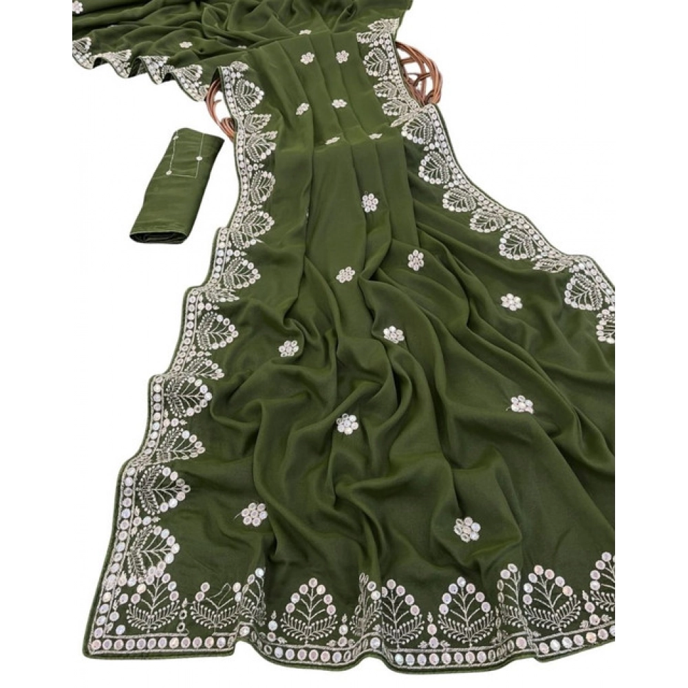 Women's Georgette Embellished Saree With Unstitched Blouse 5.5Mtr (Green) - Image 2