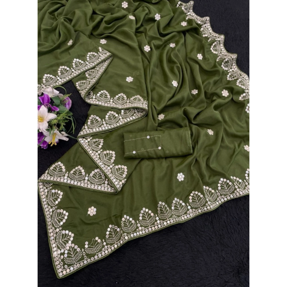 Women's Georgette Embellished Saree With Unstitched Blouse 5.5Mtr (Green) - Image 3