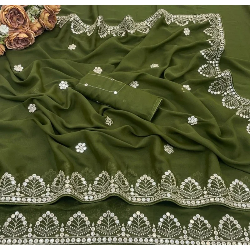 Women's Georgette Embellished Saree With Unstitched Blouse 5.5Mtr (Green) - Image 4