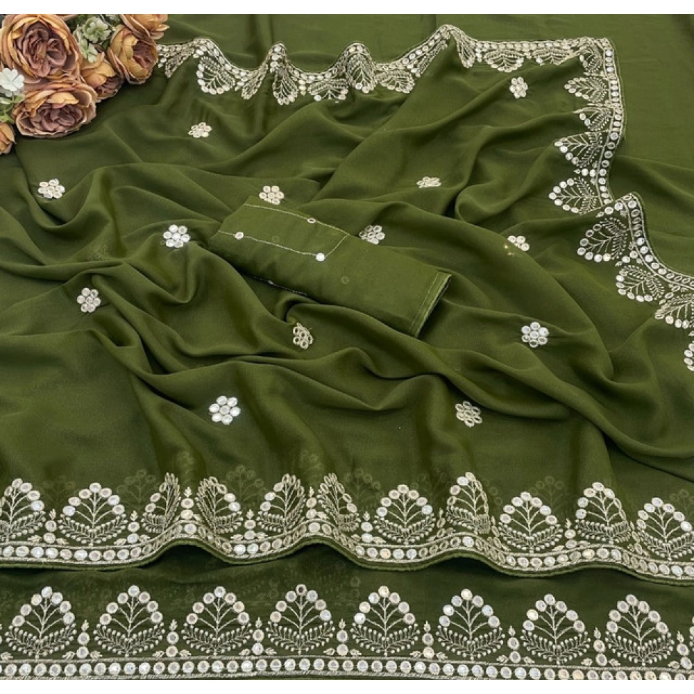 Women's Georgette Embellished Saree With Unstitched Blouse 5.5Mtr (Green) - Image 4