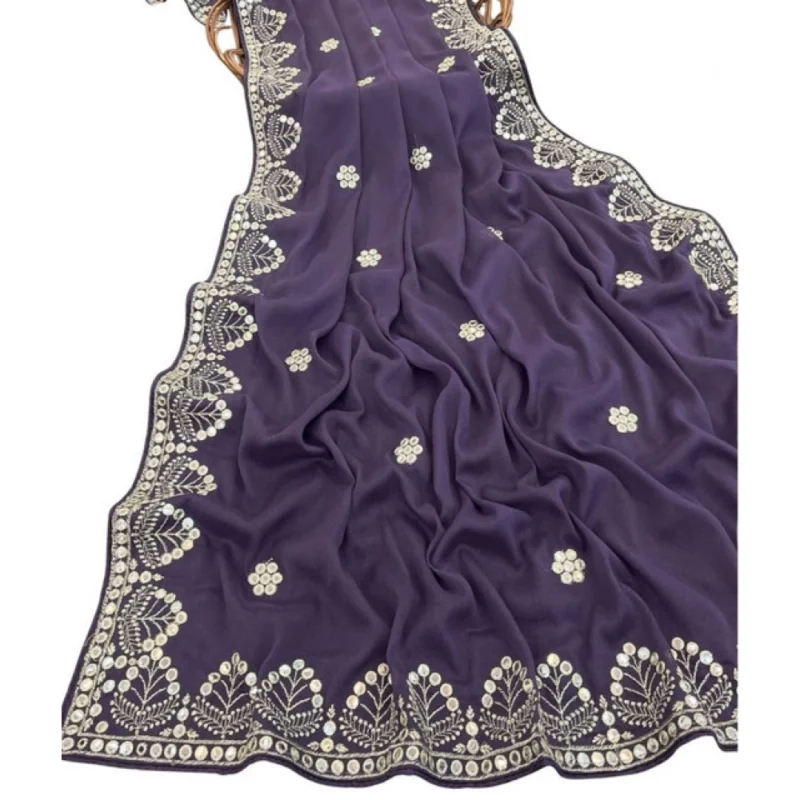 Women's Georgette Embellished Saree With Unstitched Blouse 5.5Mtr (Levander) - Image 2