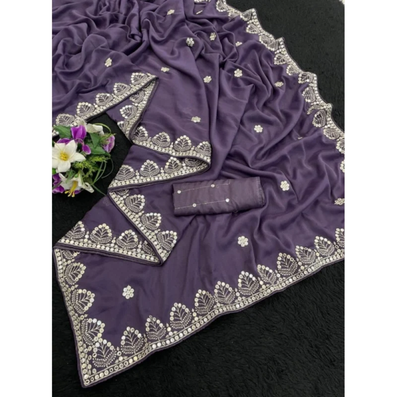 Women's Georgette Embellished Saree With Unstitched Blouse 5.5Mtr (Levander) - Image 3