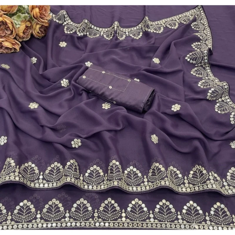 Women's Georgette Embellished Saree With Unstitched Blouse 5.5Mtr (Levander) - Image 4