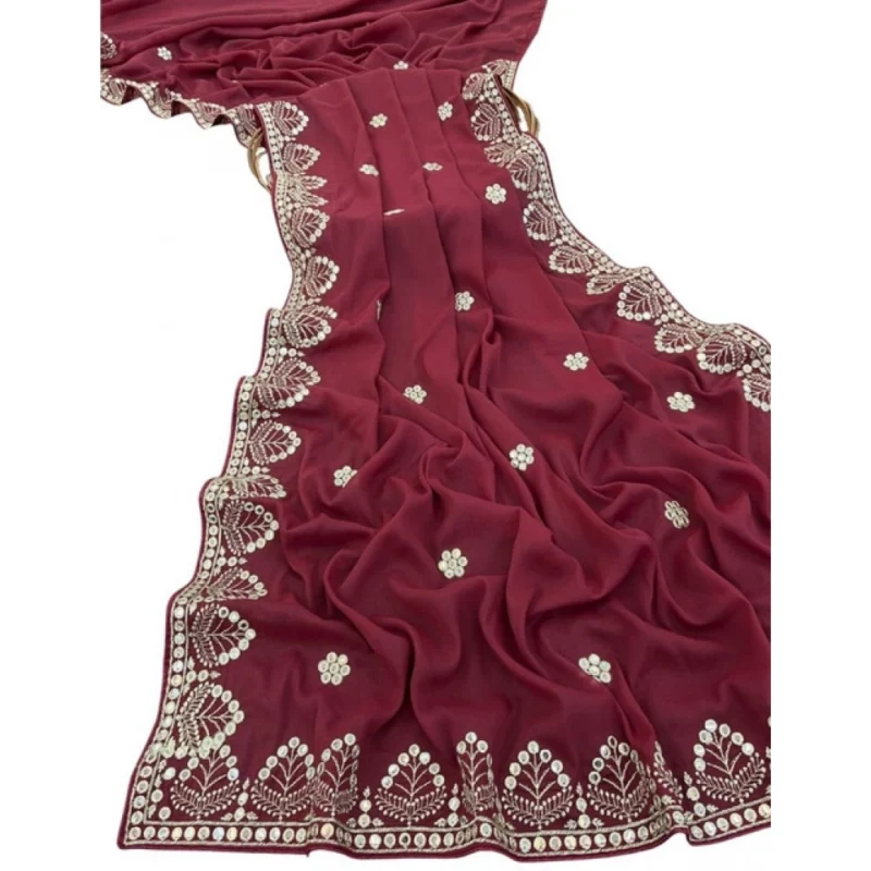 Women's Georgette Embellished Saree With Unstitched Blouse 5.5Mtr (Maroon) - Image 2