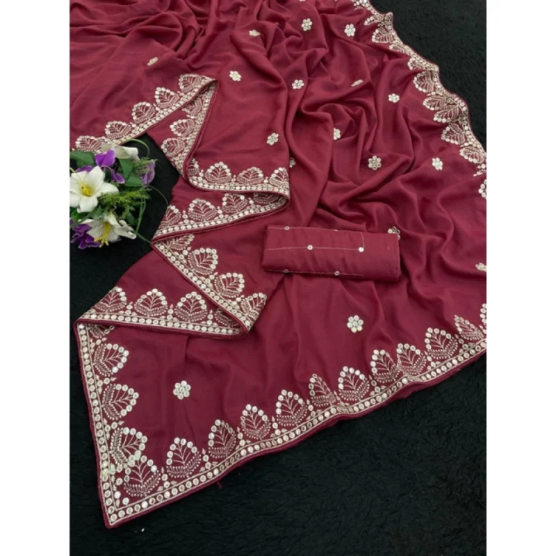 Women's Georgette Embellished Saree With Unstitched Blouse 5.5Mtr (Maroon) - Image 3