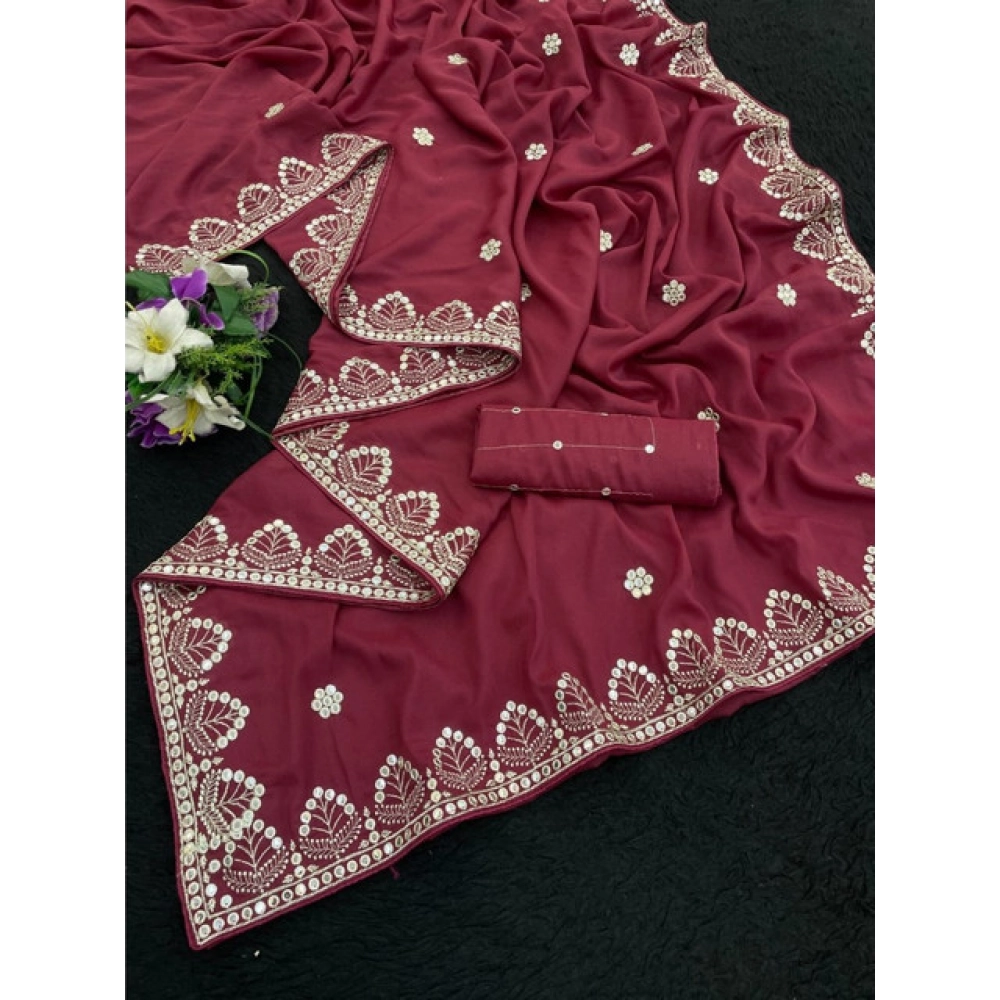 Women's Georgette Embellished Saree With Unstitched Blouse 5.5Mtr (Maroon) - Image 3