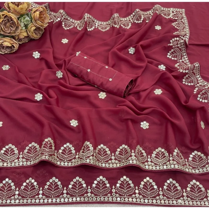 Women's Georgette Embellished Saree With Unstitched Blouse 5.5Mtr (Maroon) - Image 4