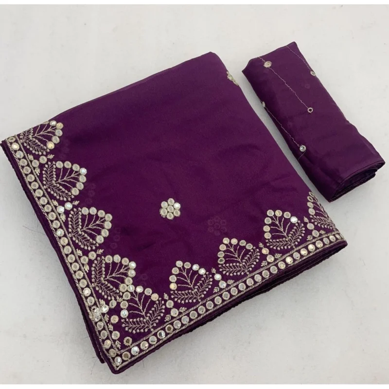 Women's Georgette Embellished Saree With Unstitched Blouse 5.5Mtr (Purple)