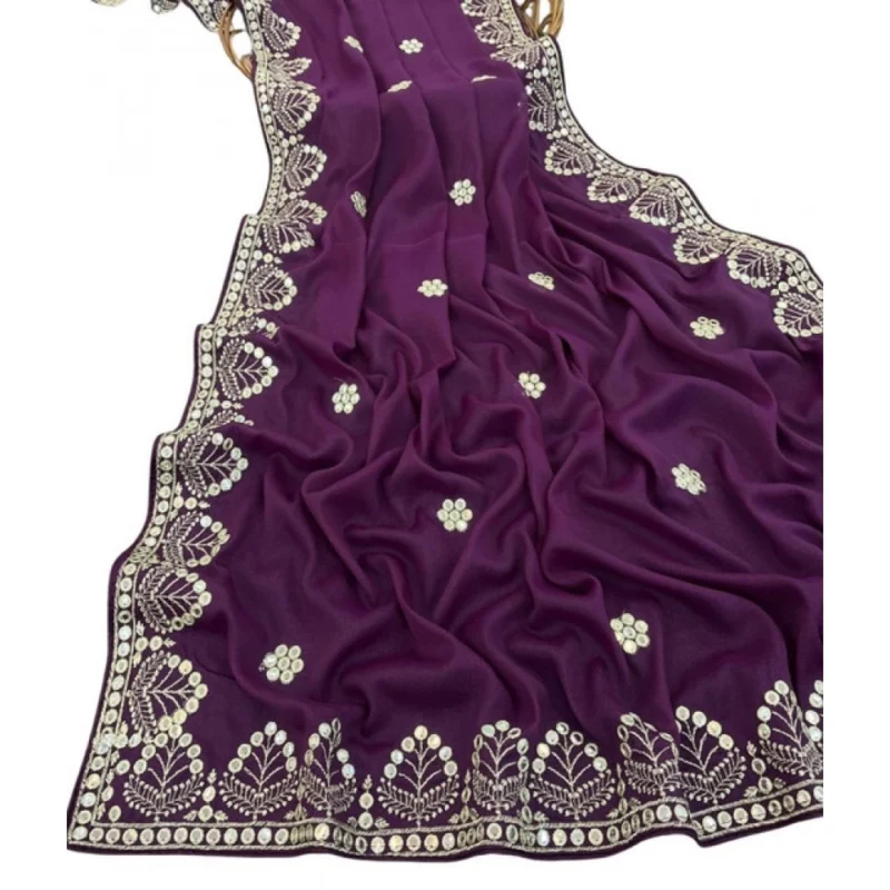 Women's Georgette Embellished Saree With Unstitched Blouse 5.5Mtr (Purple) - Image 2