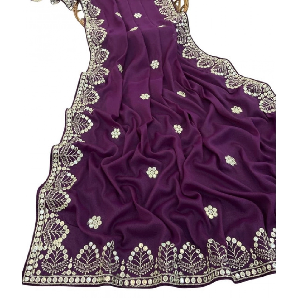 Women's Georgette Embellished Saree With Unstitched Blouse 5.5Mtr (Purple) - Image 2